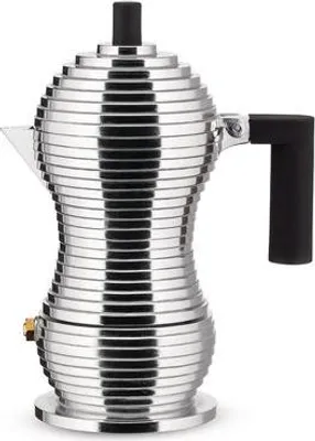 A studio shot of a silver and black espresso coffee maker.