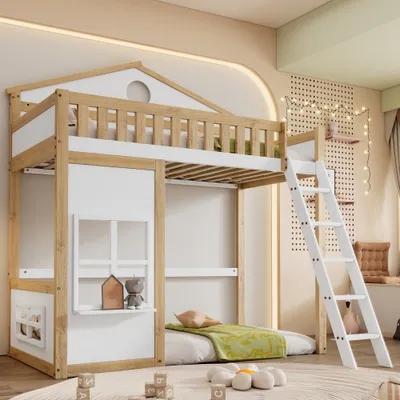 Produktbild von MODFU Hochbett Kinderbett 90x200cm mit Fallschutz und Gitter, Etagenbett Massivholzbett mit Dach und Fenster, Jugendbett Bettgestell, Weiß+Natur