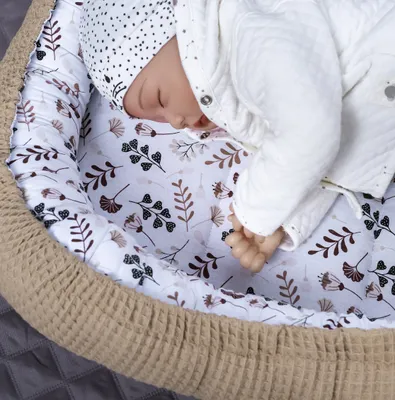 Produktbild von Taupe WAFFELPIQUE/ BLUMEN Braun Babynestchen Unterlage SOLO Babynest Wicleklunterlage Reisebett Babydecke Babyausstattung 2 Seitig PREMIUM