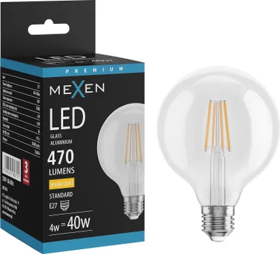 Obrázok produktu pre LED žiarovka Mexen Vintis E27, G95, 4 W, teplá – 2700 K, 470 lm, číra – L157-E27-0427-00