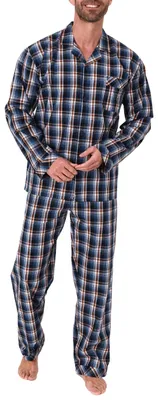 Produktbild von Edler Herren Pyjama langarm Schlafanzug gewebt zum Knöpfen im Karo Design - 65342 ; blau , 50