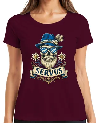 Produktbild von Servus Totenkopf Bart Trachtenhut Edelweiss Bayern Lederhose Wiesn Damen T-Shirt, Burgundy, 3XL