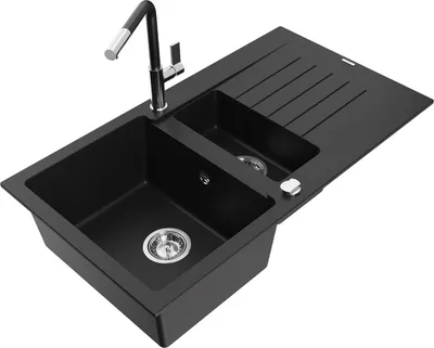 Produktbild von Mexen Matias 1,5-Becken-Granitspüle mit Abtropffläche und Mischbatterie Flora, Schwarz - 6502-77-670401-07