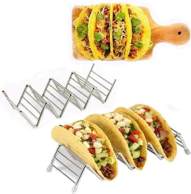 Obrázek produktu pro Stojan na tacos z nerezové oceli, vhodný pro 3 nebo 4 tvrdé či měkké tacos, vhodný k použití na stole, lze použít v troubě jako plech na pečení – sada 2 kusů
