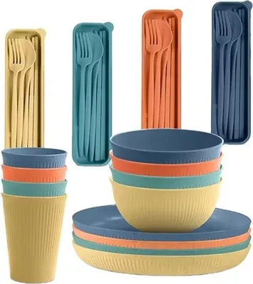 Produktbild von 24-teiliges unzerbrechliches Geschirrset, wiederverwendbar, Campinggeschirrset für 6 Personen, Plastikgeschirr, Picknick, leichte Servierteller aus Kunststoff, Schüsseln, Besteckset