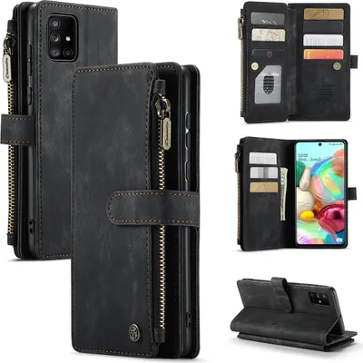 Immagine prodotto di Custodia Galaxy A71 4G, Custodia in Finto cuoio con cerniera, chiusura magnetica, tasca per carte, supporto, portafoglio, custodia protettiva per Samsung Galaxy A71 4G Nero