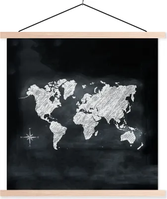 Produktbild von MuchoWow® Textilposter Weltkarte - Weiß - Kreidetafel 120x120 cm mit holzfarbenen Rahmen - Textil-Poster