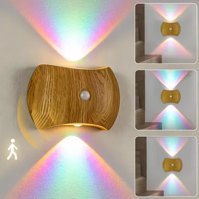 Image de Veilleuse LED avec détecteur de mouvement, lampe murale rechargeable en bois, sans fil, sans perçage, lampe murale magnétique, rechargeable via USB-C, veilleuse, éclairage d'escalier, lampe de couloir, éclairage d'armoire
