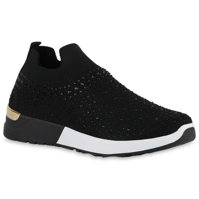 Produktbild von VAN HILL Damen Sportschuhe Slip Ons Sportliche Strick Strass Schuhe 840357, Farbe: Schwarz, Größe: 38