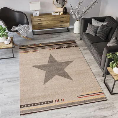 Produktbild von Teppich Wohnzimmer Schlafzimmer Kurzflor Modern Design Meliert Stern Streifen Gestreift Hellbraun Beige Küche  140 x 190 cm