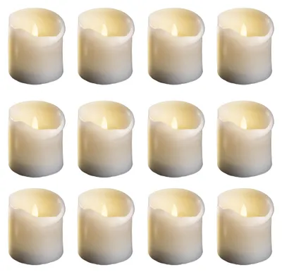 Produktbild von 12x LED Stumpenkerze mit Timer 6 Stunden - Echtwachs LED warmweiß 7,5cm Durchmesser 12,5cm Höhe - 2 AA Batterien nötig LED Echtwachskerze mit Flackereffekt flammenlose Stumpenkerze LED Kerze