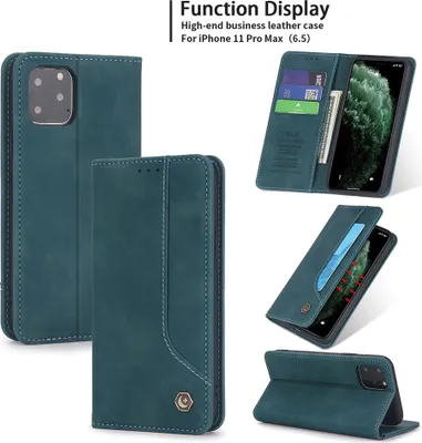 Produktbild von iPhone 11 Pro Max Hülle, LaimTop Retro Kunstledertasche Schutzhülle mit Kartenfach Standfunktion für iPhone 11 Pro Max Blau