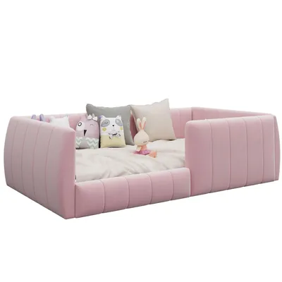 Produktbild von Merax Polsterbett 90x200 cm, Kinderbett, Gepolstertes Plattformbett mit Sicherheitsgeländer, Leinen Flachbett, Einzelbett für Kinderzimmer, Rosa