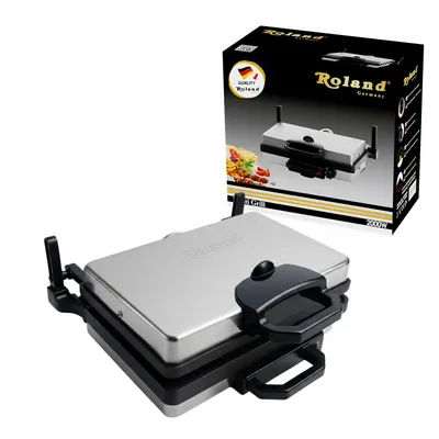 A Roland Germany Multigrill is shown in the foreground, with its packaging in the background.