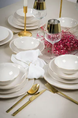 Image de Hermia Concept, ensemble de vaisselle élégant de 24 pièces, en porcelaine 100%, blanc et or