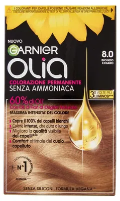Produktbild von Garnier Olia Haarfarbe, permanente Färbung ohne Ammoniak, deckt 100% weißes Haar ab, mit natürlichen Blütenölen natürlichen Ursprungs, vegane Formel, Hellblond