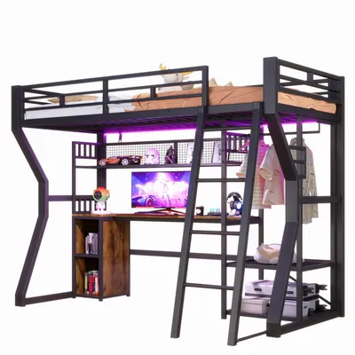 Produktbild von Hochbett, 90 x 200 cm, Eisenrahmen, mit Lichtleiste, Steckdose,Kleideraufhängebereich,Schreibtisch,Staufächer,Ablageböden,offener Raum unter dem Bett
