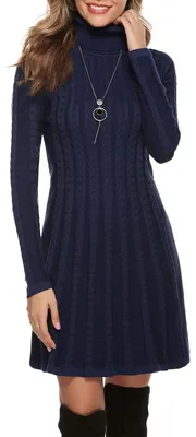 Productafbeelding van Gyabnw dames tricotjurk, wollen jurk met hoge hals, elegante A-lijn, knielengte