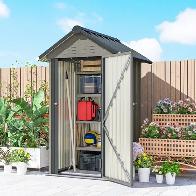 Produktbild von Metall Gerätehaus abschließbar, Geräteschuppen Verzinkter Stahl, Satteldach, Hellgrau | 122 x 121 x 192 cm | 1,17 m² | 24 kg
