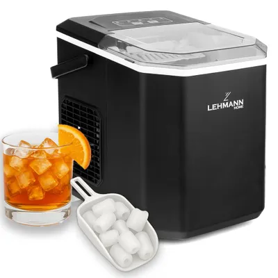A black ice maker with a glass of iced beverage and a scoop of ice.