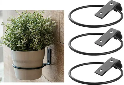 A potted plant is mounted on a wooden wall using a black metal holder. Three similar holders are shown separately on the right.