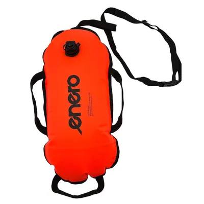 An orange inflatable safety buoy with black straps and handles, shown against a white background.