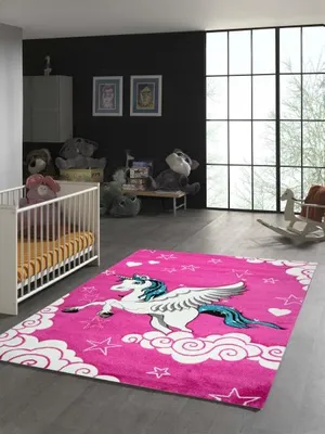 Obrázek produktu pro Dětský koberec s motivem jednorožce v barvách růžová, krémová a tyrkysová – rozměry 160 x 230 cm