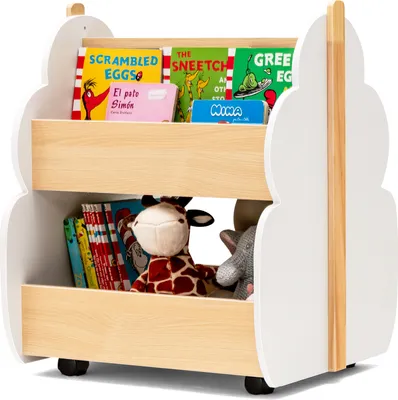 Produktbild von COSTWAY Kinder Bücherregal auf Rollen, 2 Ebenen Spielzeugregal aus Holz, 52 x 46 x 62,5 cm (Weiß+Natur)
