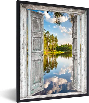 Produktbild von MuchoWow® Gerahmtes Poster Wasser - Landschaft - Fenster - Aussicht 60x80 cm - Poster mit Schwarzem Bilderrahmen Wandposter Rahmen Foto Bilder - Premium - Wanddeko Wohnzimmer