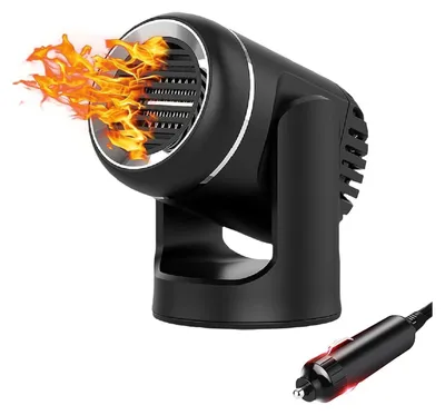 A black car heater with flames coming out of the front, and a car charger plug in the foreground.