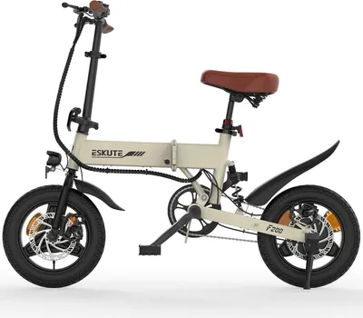 A studio shot of a beige electric bicycle against a white background.