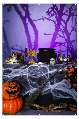Productafbeelding van Halloween Tafelschikking met Pompoenen en Spinnenwebben - 100x150 cm - Tuindecoratie - Buitenposter - Schuttingdoek - Tuindoek - Tuinposter