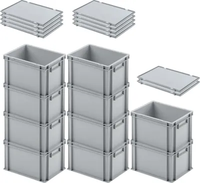 Produktbild von SuperSparSet 10x Eurobehälter mit geschlossenem Griff und Scharnierdeckel | HxBxT 23,5x30x40cm | 22 Liter | Grau | Eurobox, Transportbox, Transportbehälter, Stapelbehälter