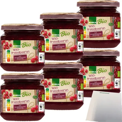 Produktbild von Edeka  Wild-Preiselbeeren 40 % Fruchtanteil 6er Pack (6x220g Glas) + usy Block