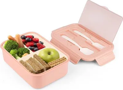 Produktbild von Unyqoos® Bento-Lunchbox aus PP – 2-lagig, 3 Fächer (1400 ml + 1350 ml), mit Löffel & Gabel, BPA-frei, mikrowellen- & spülmaschinengeeignet
