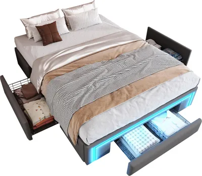 Produktbild von Bettgestell 140X200 mit Schubladen, PolyurethanBett ohne Kopfteil Mit LED-Lichtleiste, Metalllatten Plattformbett für moderne Schlafzimmer