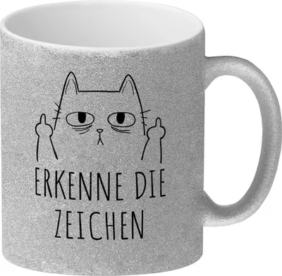 Produktbild von Katze mit Mittelfinger Glitzer-Kaffeebecher mit Spruch Erkenne die Zeichen
