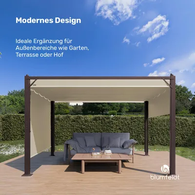 Produktbild von Blumfeldt Pantheon Cortina Pavillon 3x4 m – Aluminiumrahmen, Verstellbares Dach & Seitenrollos, Wetterfest & Stabil, Beige/Braun