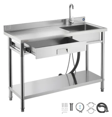 Productafbeelding van VEVOR Spoeltafel met spoelbak van roestvrij staal (120 x 50 x 94 cm), enkele spoelbak met kraan en lade, keukenspoelbak voor garage, restaurant, wasserij, wastafel met buitenspoelbak en werkblad (links)