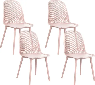 Four pastel pink chairs are arranged in a grid against a white background.
