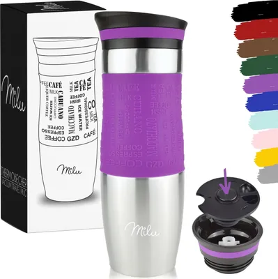 Produktbild von Milu Thermobecher Kaffee, 450ml Isolierbecher Kaffeebecher - 100% Auslaufsicher - Trinkbecher Edelstahl - Autobecher doppelwand Isolierung, Violett