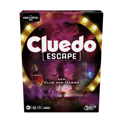 The image shows the front of a Cluedo Escape board game box, themed around a magic club.