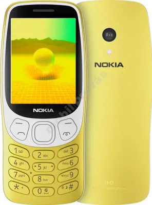 A yellow Nokia 3210 4G phone is shown from the front and back.