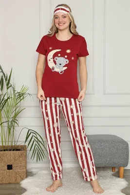 Produktbild von Damen Pyjama Schlafanzug Rot S Kurz 3-Teiler Set mit Augenband S-44