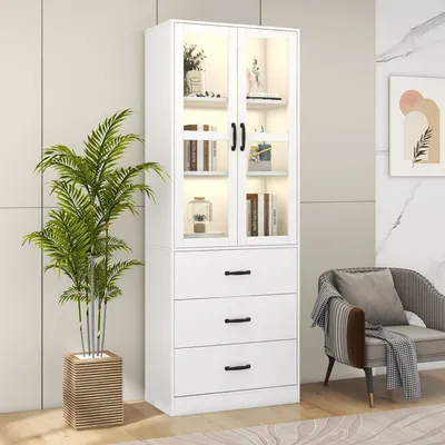 Obrázok produktu pre vitrína okwish s 3 zásuvkami a pohyblivými priečkami, s 2 sklenenými dvierkami a LED osvetlením, biela