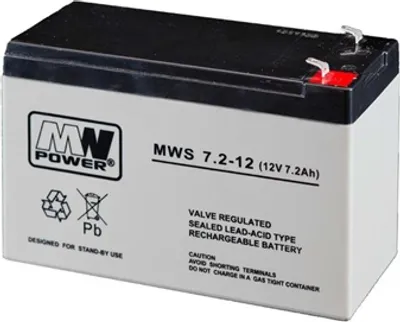 A white and black sealed lead-acid battery with product information printed on its side.