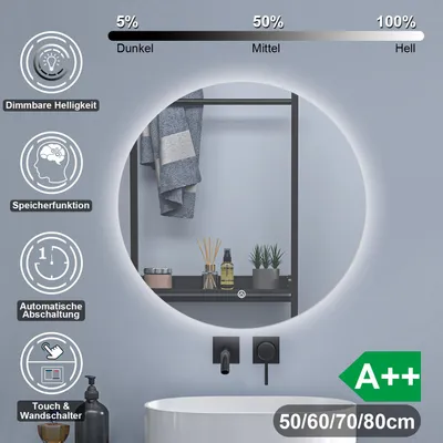 Produktbild von LED Spiegel Rund 50cm Kaltweiß dimmbar Memory eine Stunde automatische Abschaltung Touch Wandschalter Badezimmerspiegel