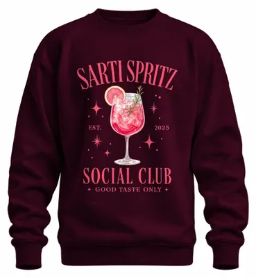 Productafbeelding van Sarti Spritz Social Club. Alleen goede smaak. Zomers trui voor een avondje met vriendinnen. Model: Pullover, kleur: bordeauxrood, maat: XL