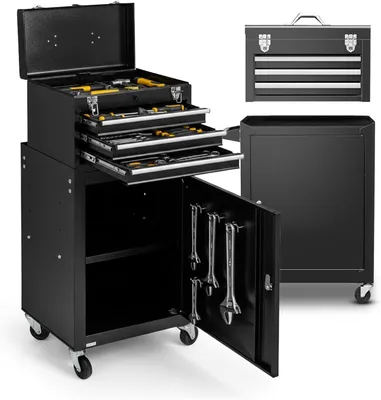 Image de Chariot d'atelier avec neuf compartiments de rangement, comprenant une boîte et des clés pour les outils