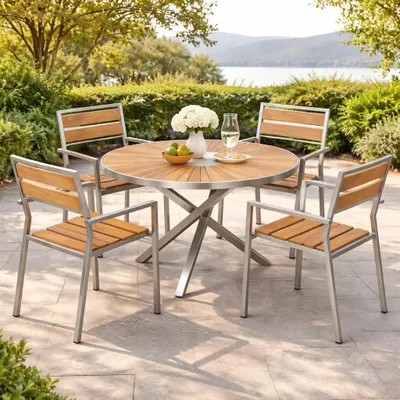 Produktbild von Teako Design Gartenmöbelset Teak-Edelstahl Tisch 80 cm mit 4 Stühlen
